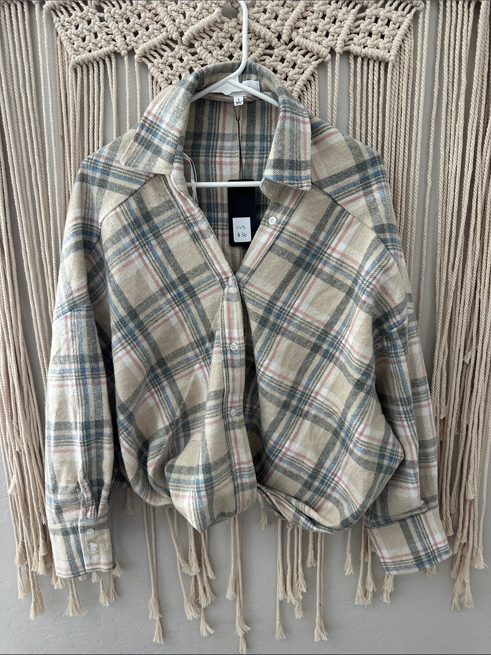 Plaid Button-Down Shirt Jacket in Beige and Blue